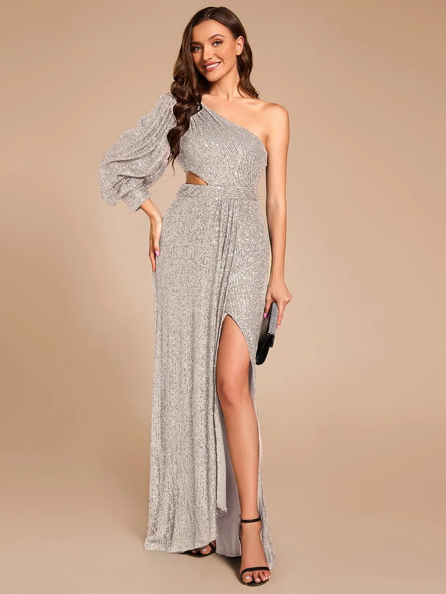 Custom Size One Shoulder Bodycon Slit Sequin Floor Length Formal Evening Dress