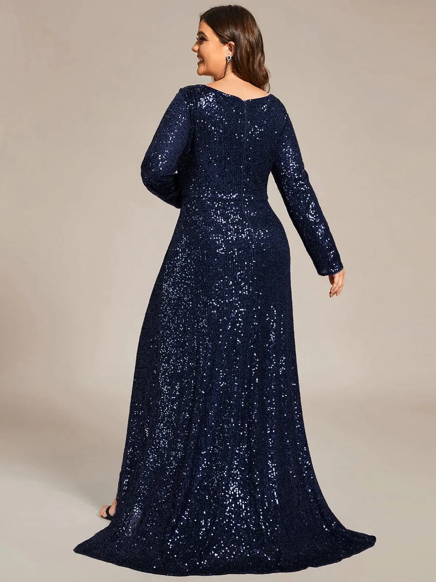 Custom Size Sequin Long Sleeve V-Neck High Slit Bodycon Evening Dress