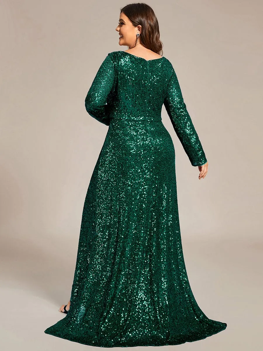 Custom Size Sequin Long Sleeve V-Neck High Slit Bodycon Evening Dress