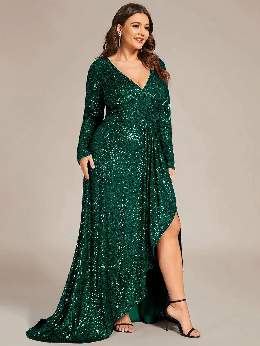 Custom Size Sequin Long Sleeve V-Neck High Slit Bodycon Evening Dress