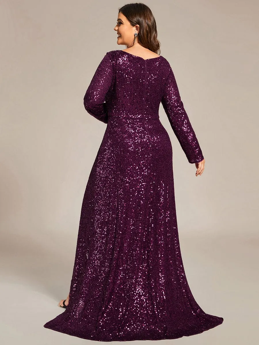 Custom Size Sequin Long Sleeve V-Neck High Slit Bodycon Evening Dress