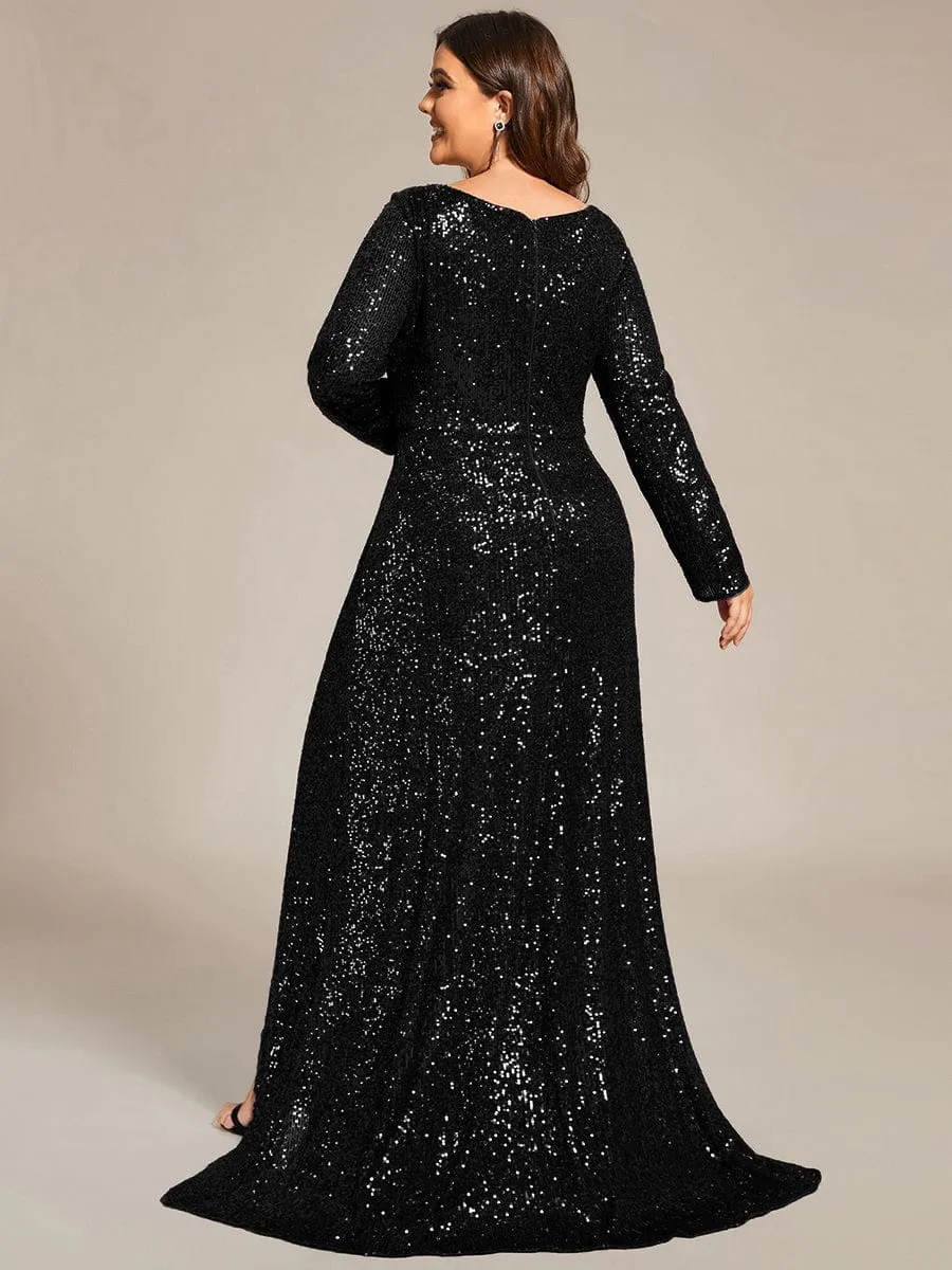 Custom Size Sequin Long Sleeve V-Neck High Slit Bodycon Evening Dress