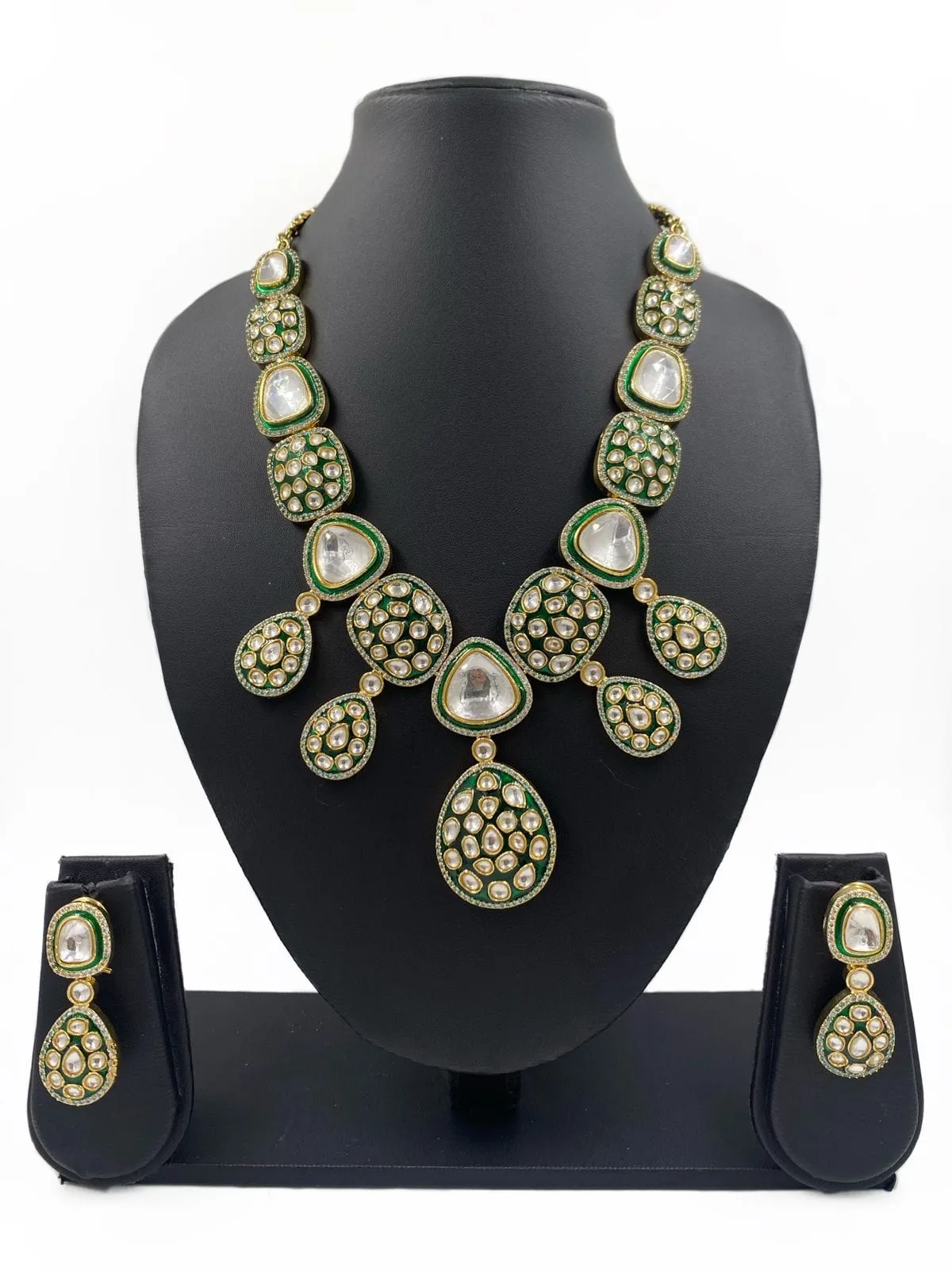 Designer Gold Plated Green Jadau Polki Wedding Necklace Set By Gehna Shop