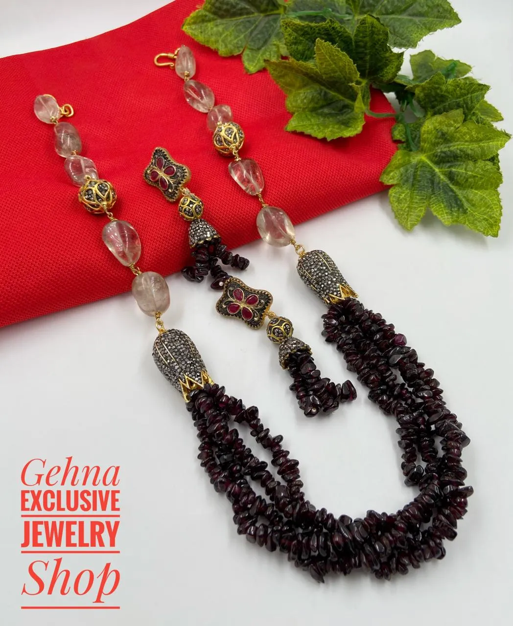 Designer Semi Precious Garnet Beaded Jewellery Necklace Set For Woman