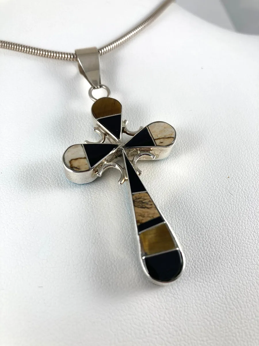 Double-sided Turquoise, Jet & Tiger's Eye Cross Pendant