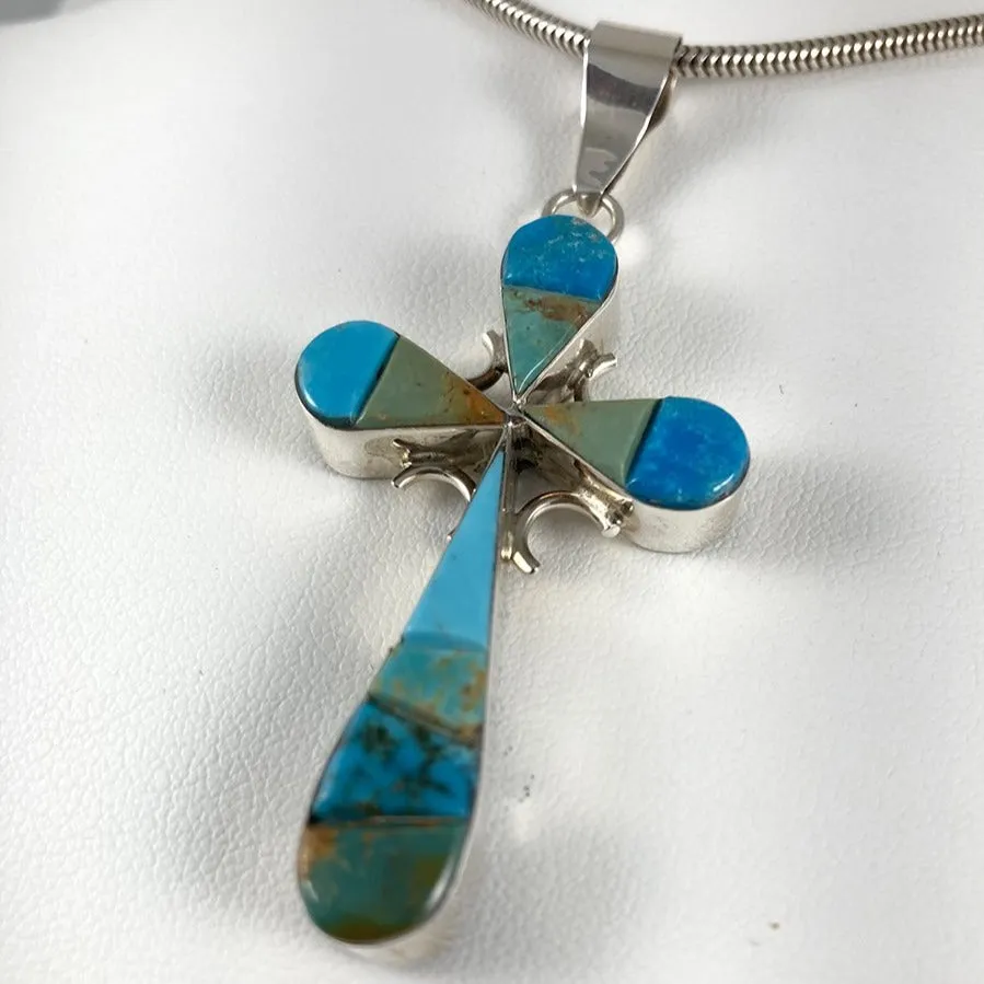 Double-sided Turquoise, Jet & Tiger's Eye Cross Pendant