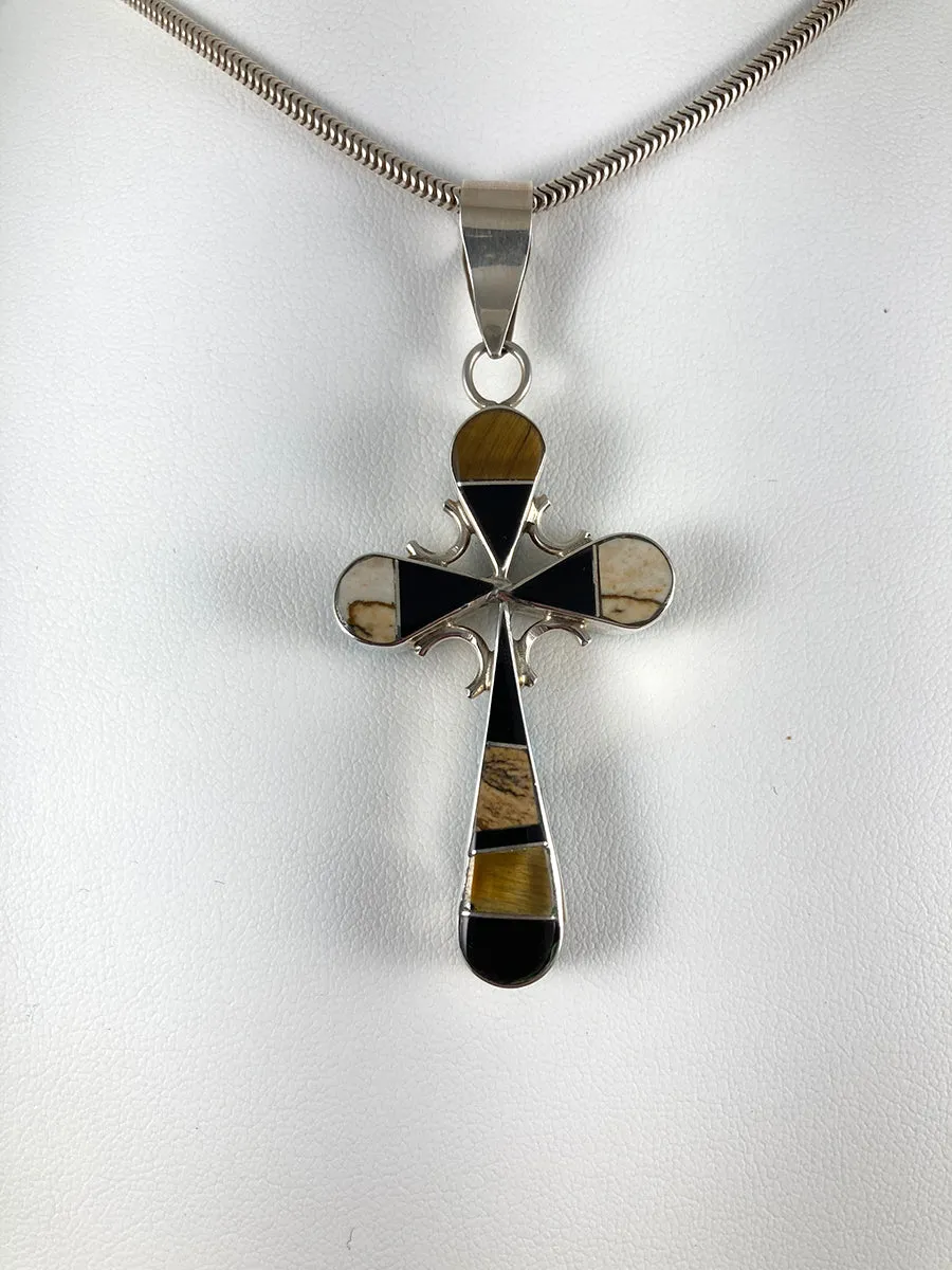 Double-sided Turquoise, Jet & Tiger's Eye Cross Pendant