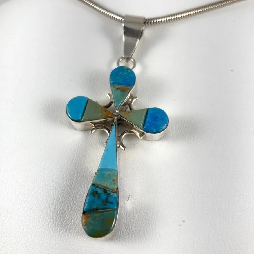 Double-sided Turquoise, Jet & Tiger's Eye Cross Pendant