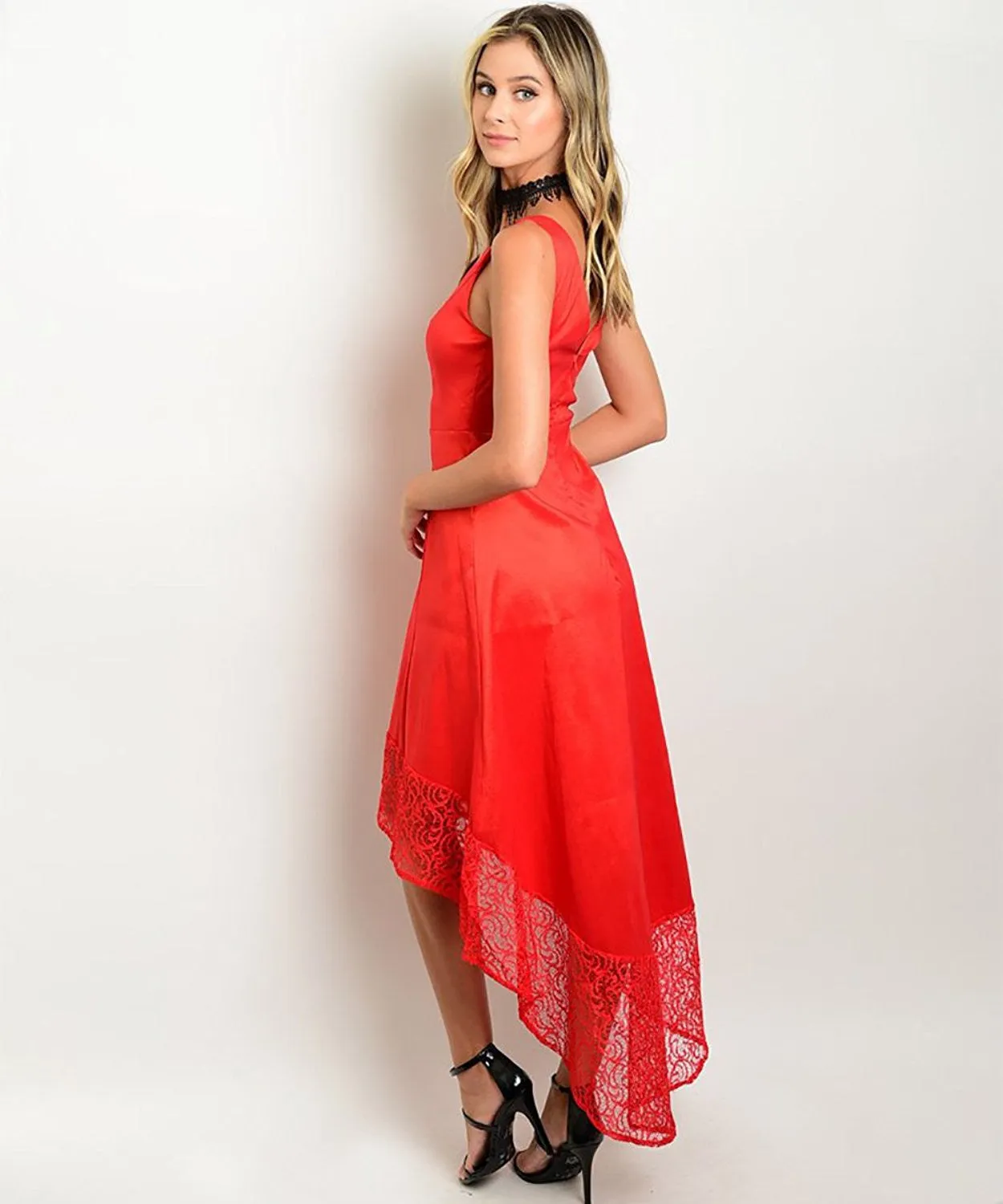 Elegant Red Taffeta High Low Lace Trim Evening Dress