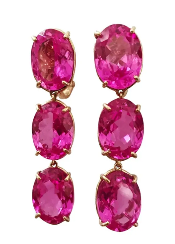 Elegant Three-Stone Drop Earring with Peridot, Pink Topaz, Baroque Pear and Diamonds