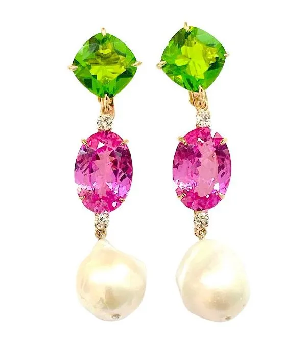 Elegant Three-Stone Drop Earring with Peridot, Pink Topaz, Baroque Pear and Diamonds