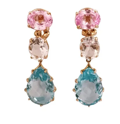 Elegant Three-Stone Drop Earring with Peridot, Pink Topaz, Baroque Pear and Diamonds