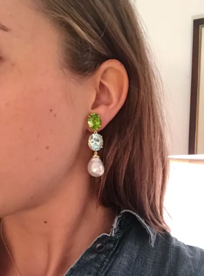 Elegant Three-Stone Drop Earring with Peridot, Pink Topaz, Baroque Pear and Diamonds