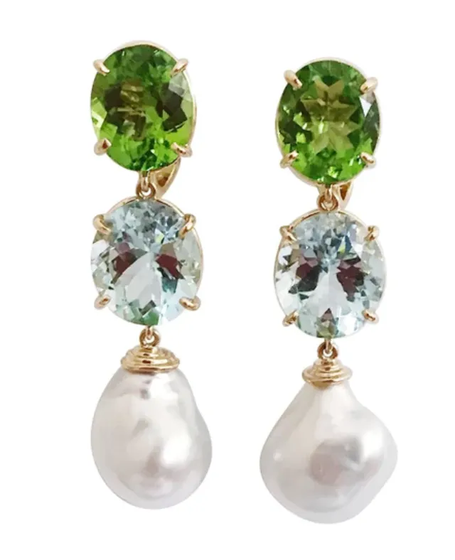 Elegant Three-Stone Drop Earring with Peridot, Pink Topaz, Baroque Pear and Diamonds