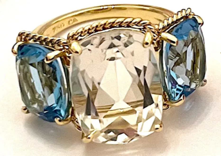 Elegant Three-Stone Ring with Gold Rope Twist Border with Blue Topaz and Peridot