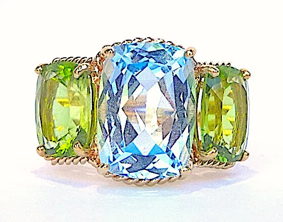 Elegant Three-Stone Ring with Gold Rope Twist Border with Blue Topaz and Peridot