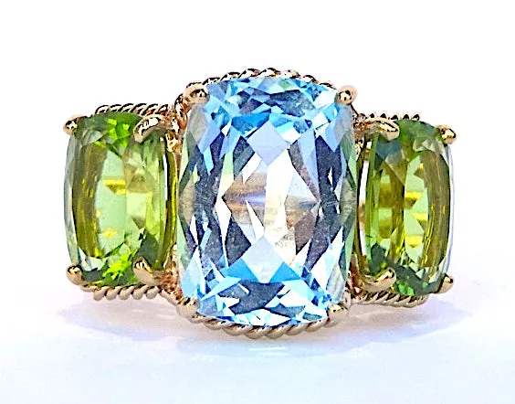 Elegant Three-Stone Ring with Gold Rope Twist Border with Blue Topaz and Peridot