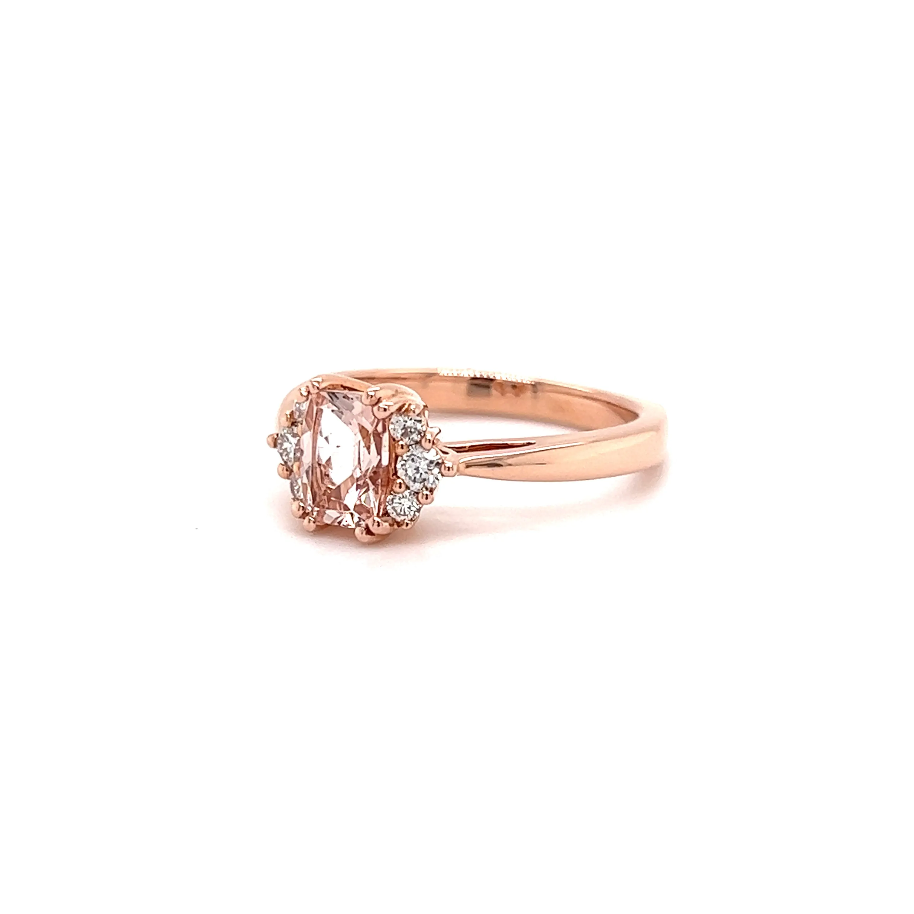 Elongated Cushion Morganite Ring with Six Side Diamonds in 14K Rose Gold