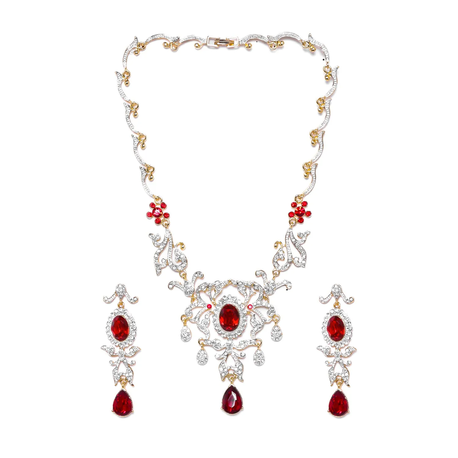 Estele - 24 KT Charming Gold and silver plated with Royal Ruby American Diamond Necklace Set for Women