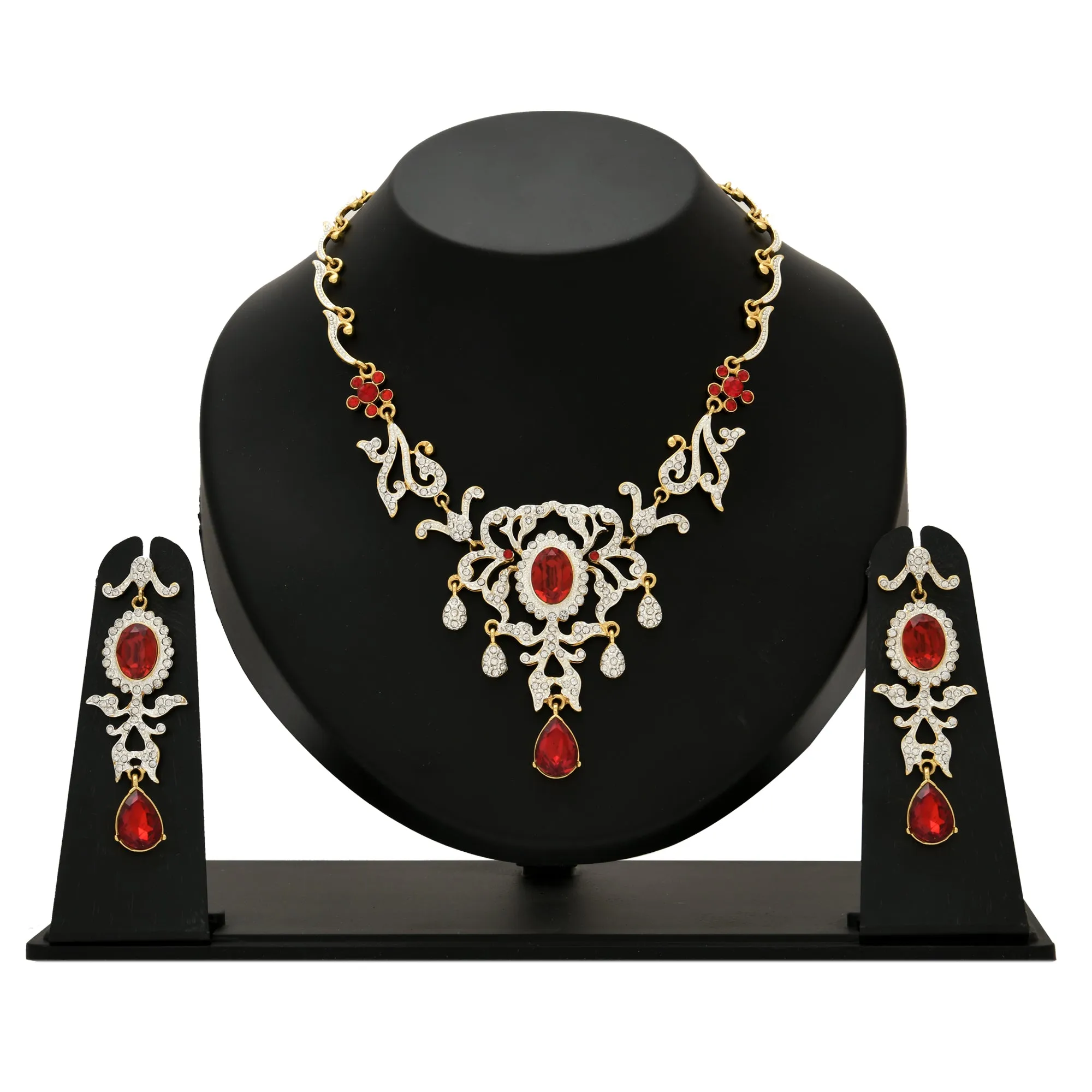 Estele - 24 KT Charming Gold and silver plated with Royal Ruby American Diamond Necklace Set for Women