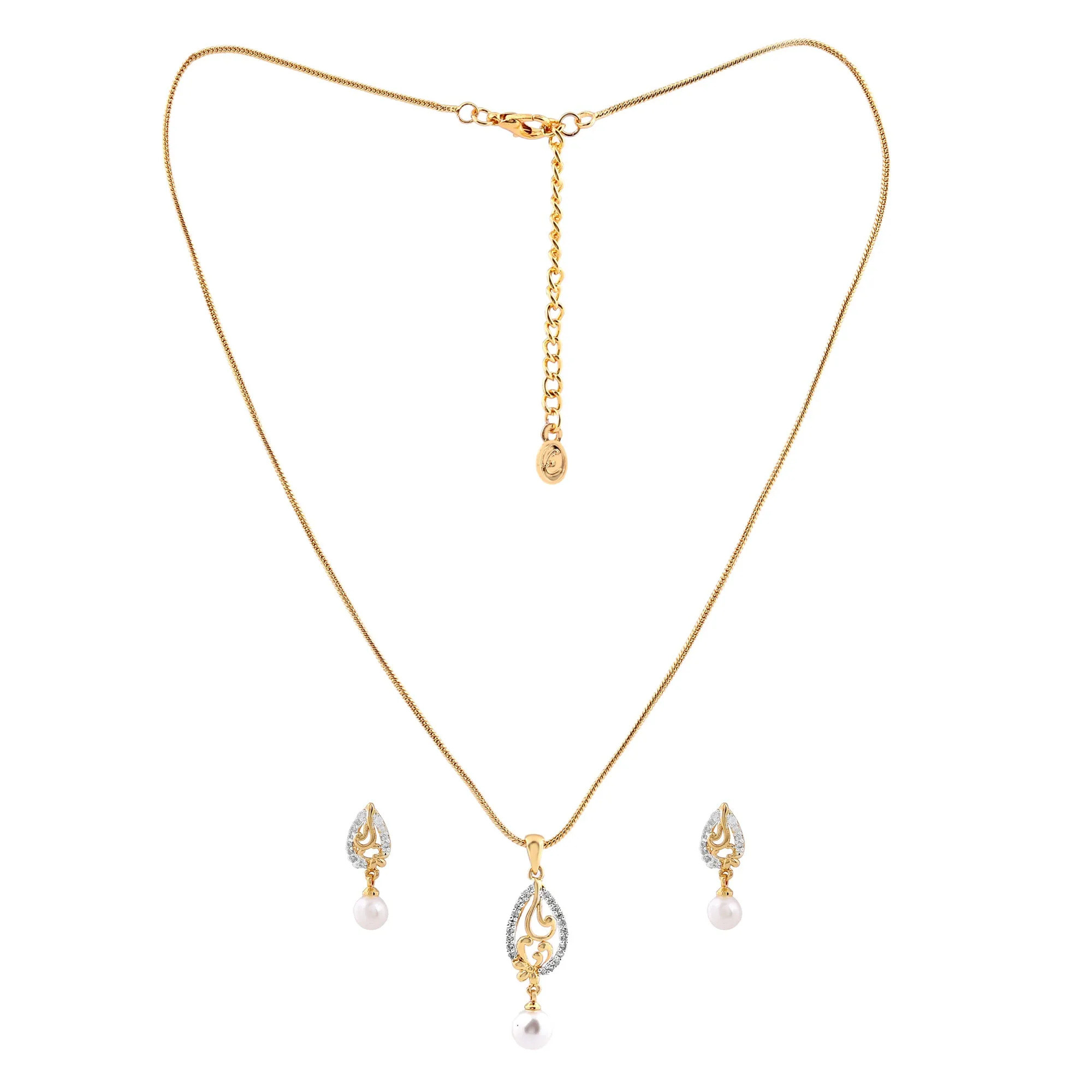 Estele 24 Kt Gold Plated CZ Leaf Designer Pendant Set with Pearls for Women