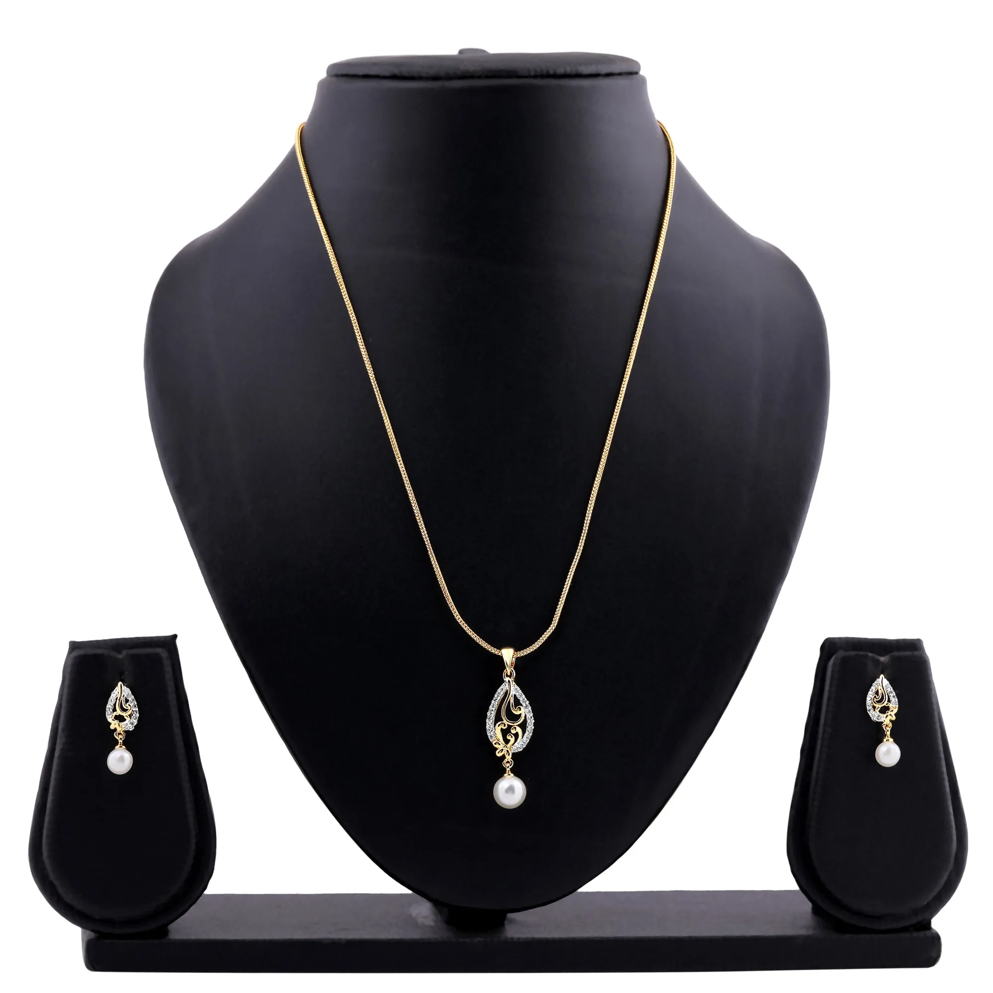 Estele 24 Kt Gold Plated CZ Leaf Designer Pendant Set with Pearls for Women