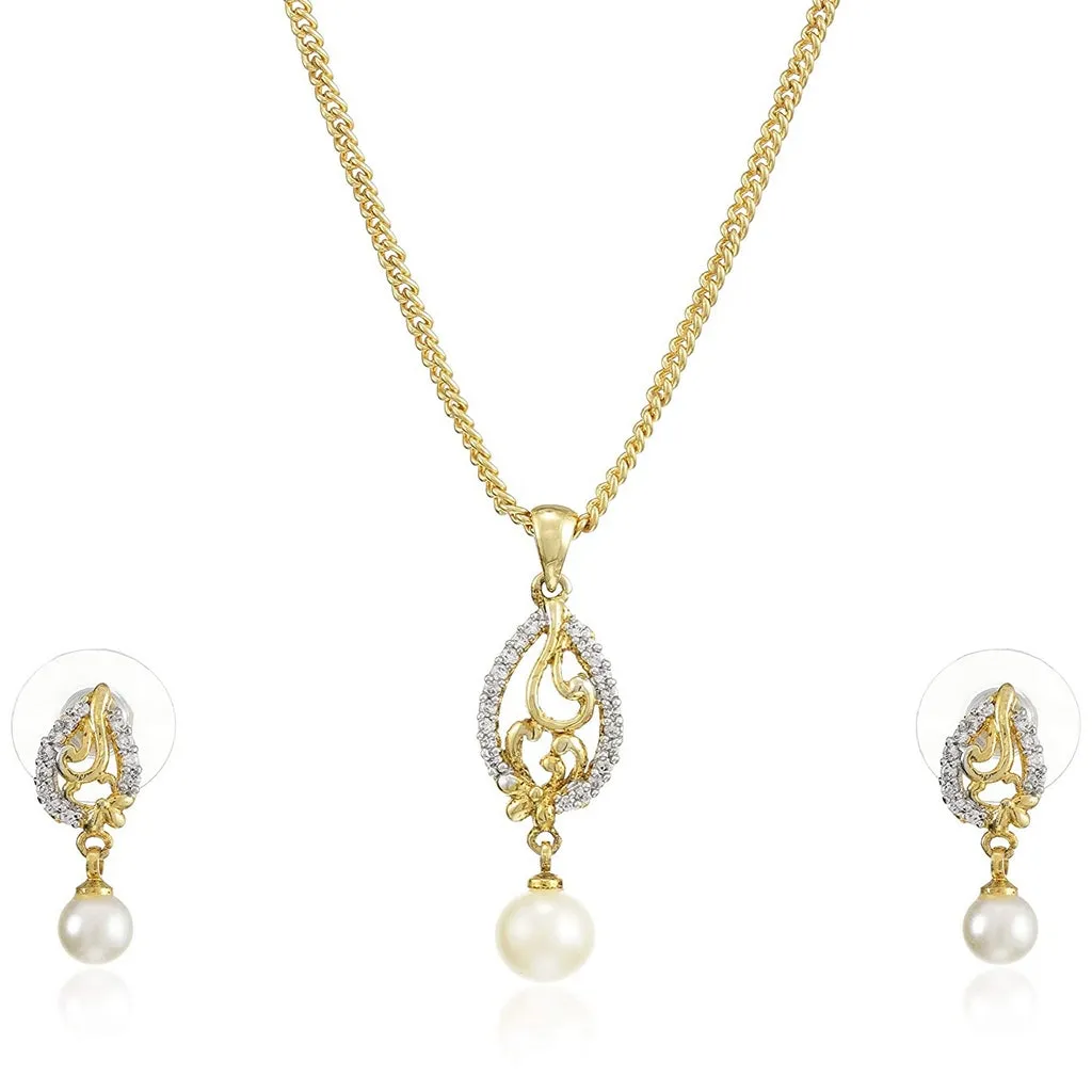 Estele 24 Kt Gold Plated CZ Leaf Designer Pendant Set with Pearls for Women