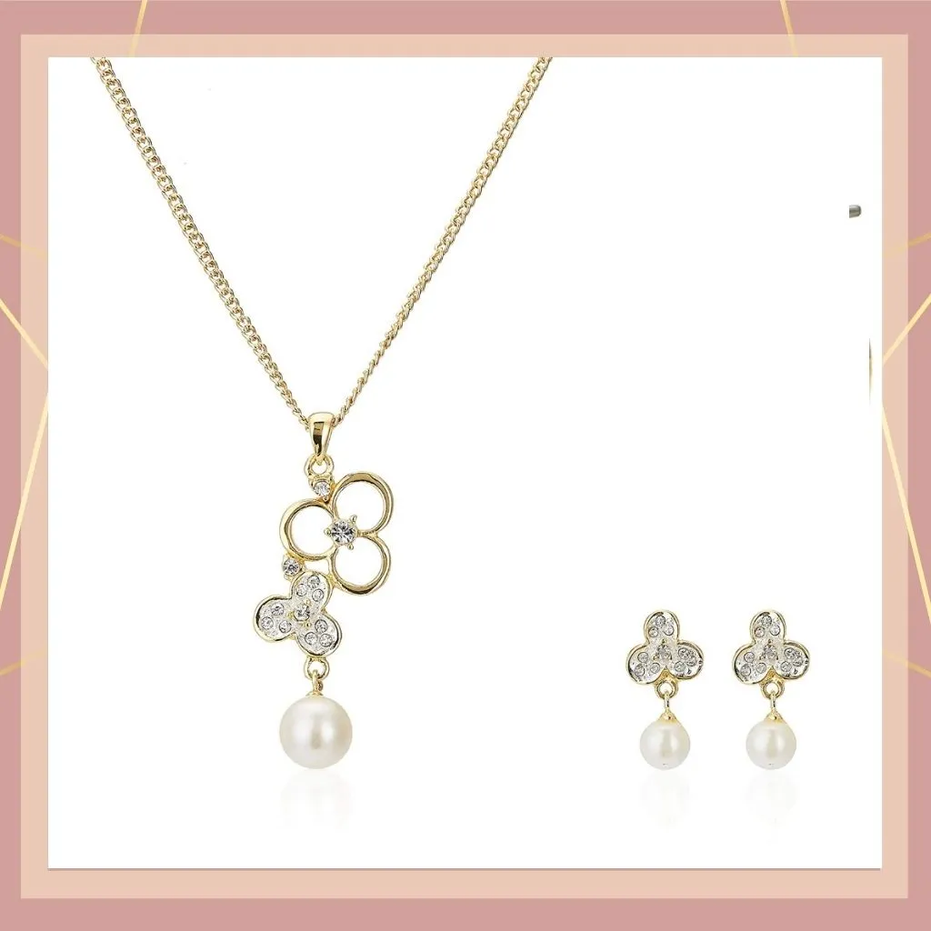 Estele 24 KT Gold Plated Pendant Set with Austrian Crystals and Pearl Drop for Women / Girls