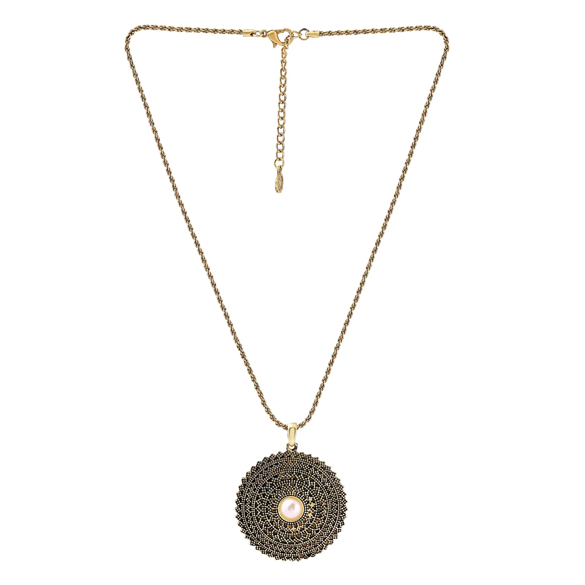 Estele 24 Kt Oxidized Gold Plated Pearl Mandala Chain Necklaces