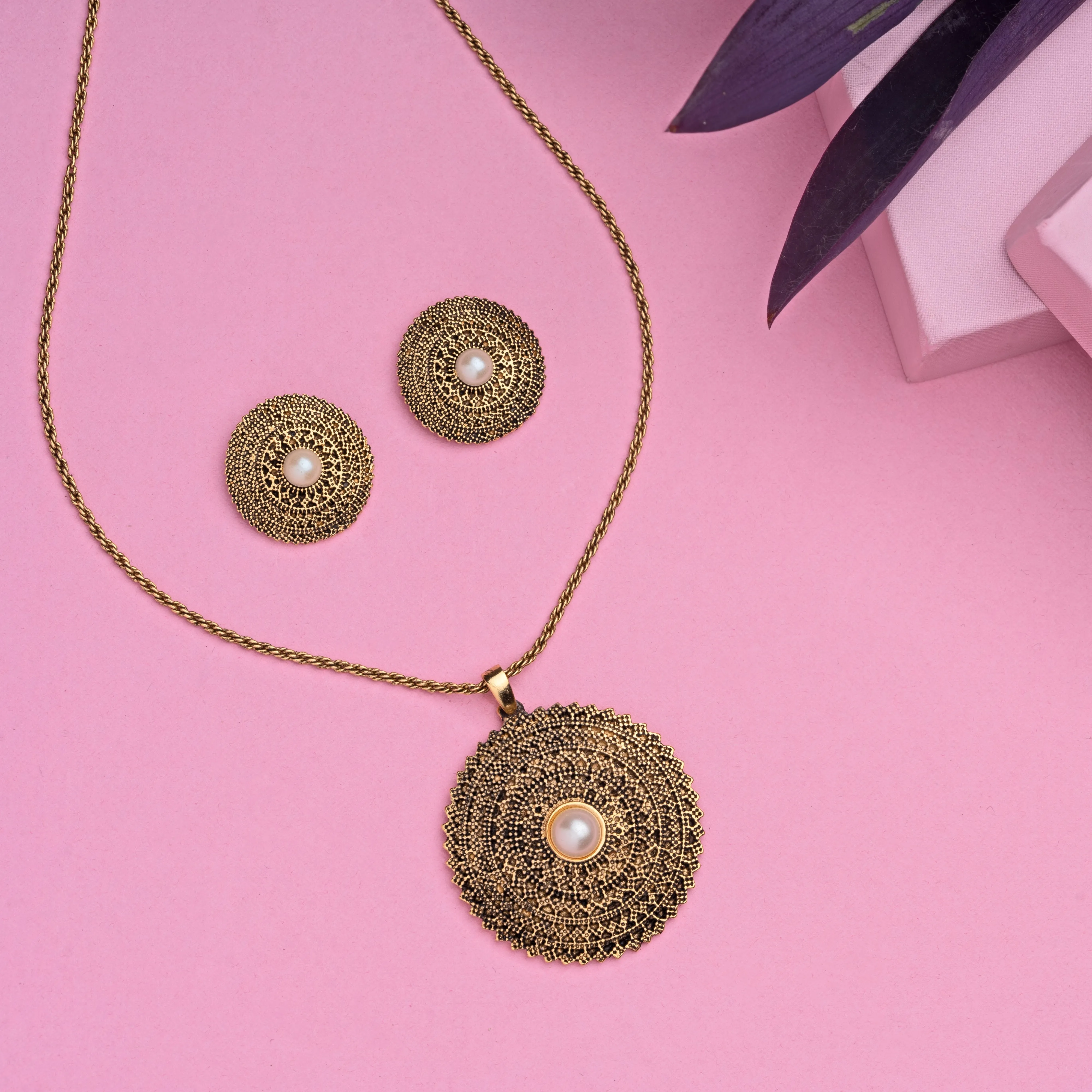 Estele 24 Kt Oxidized Gold Plated Pearl Mandala Chain Necklaces