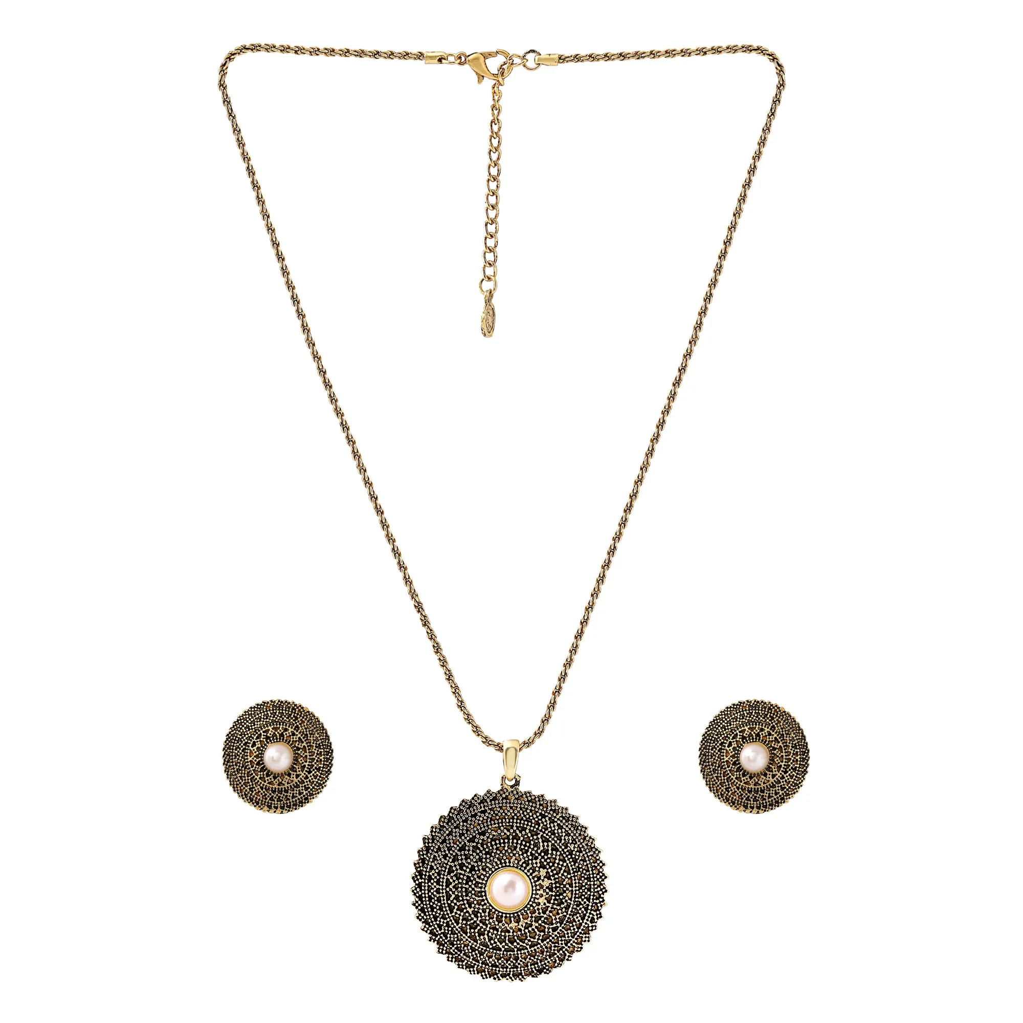 Estele 24 Kt Oxidized Gold Plated Pearl Mandala Chain Necklaces