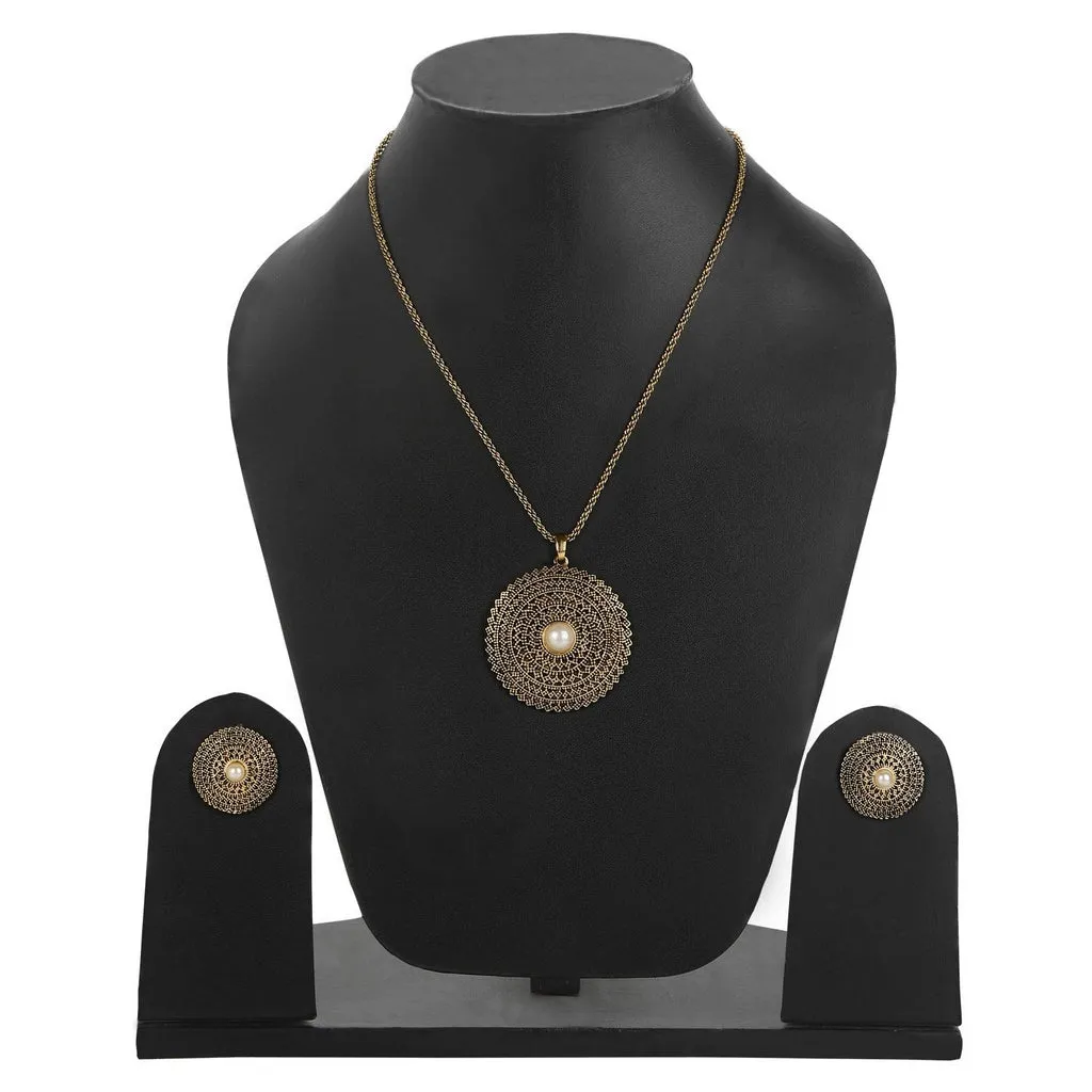 Estele 24 Kt Oxidized Gold Plated Pearl Mandala Chain Necklaces