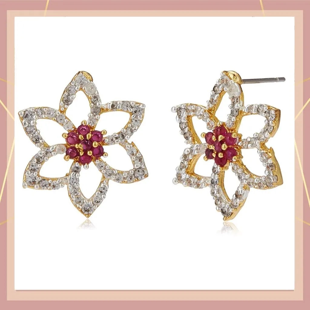 Estele American Diamond CZ Flower with Ruby Stones Pendant set for Women