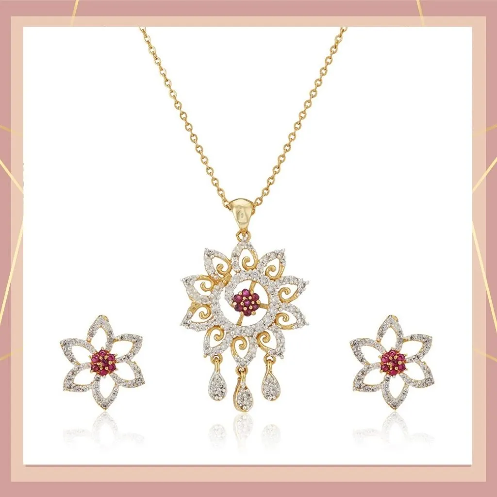 Estele American Diamond CZ Flower with Ruby Stones Pendant set for Women