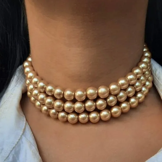 Estele - Enchanting Three Line Gold Pearl Choker