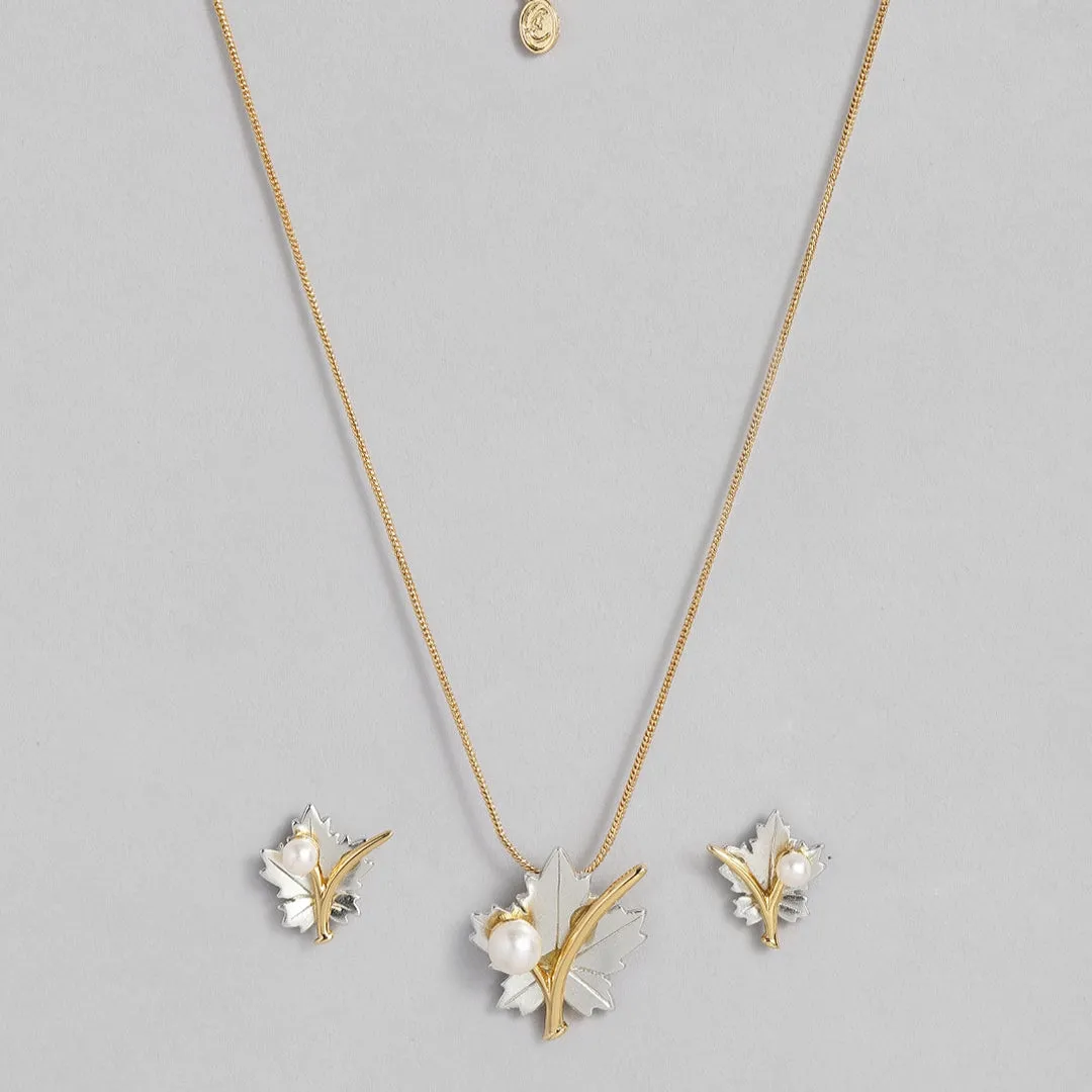 Estele Gold & Rhodium Plated Maple Leaf Designer Necklace Set with Pearl for Women