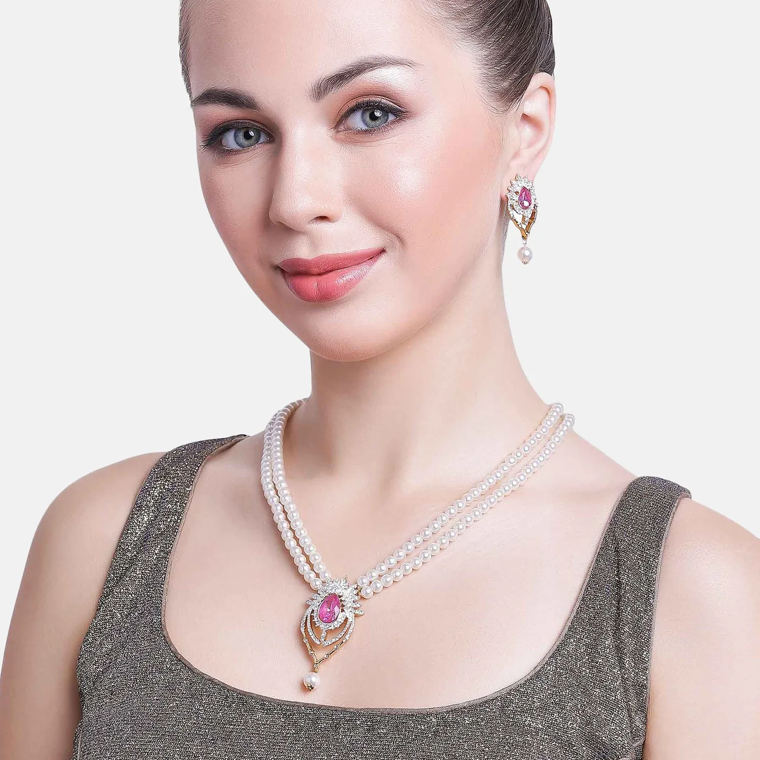 Estele Gold & Rhodium Plated Shinning Pearl Necklace Set for Women