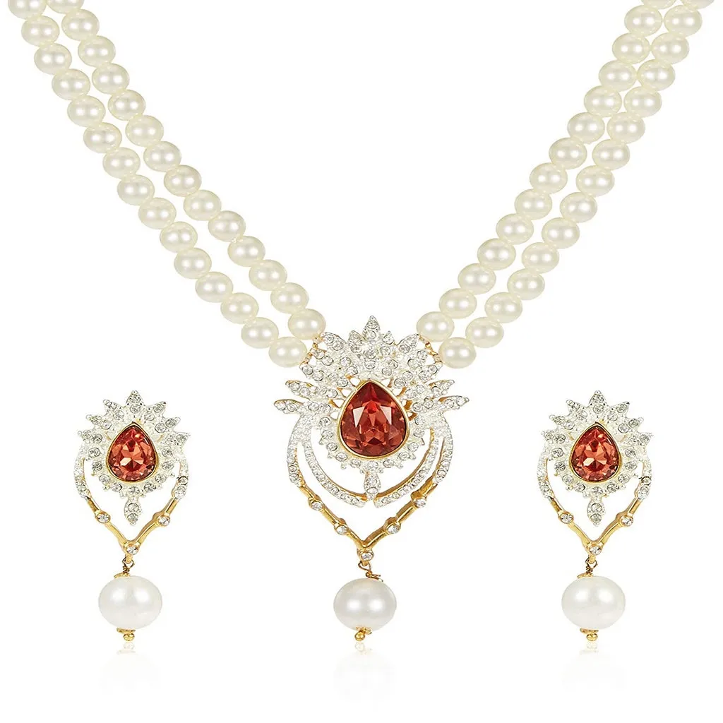 Estele Gold & Rhodium Plated Shinning Pearl Necklace Set for Women