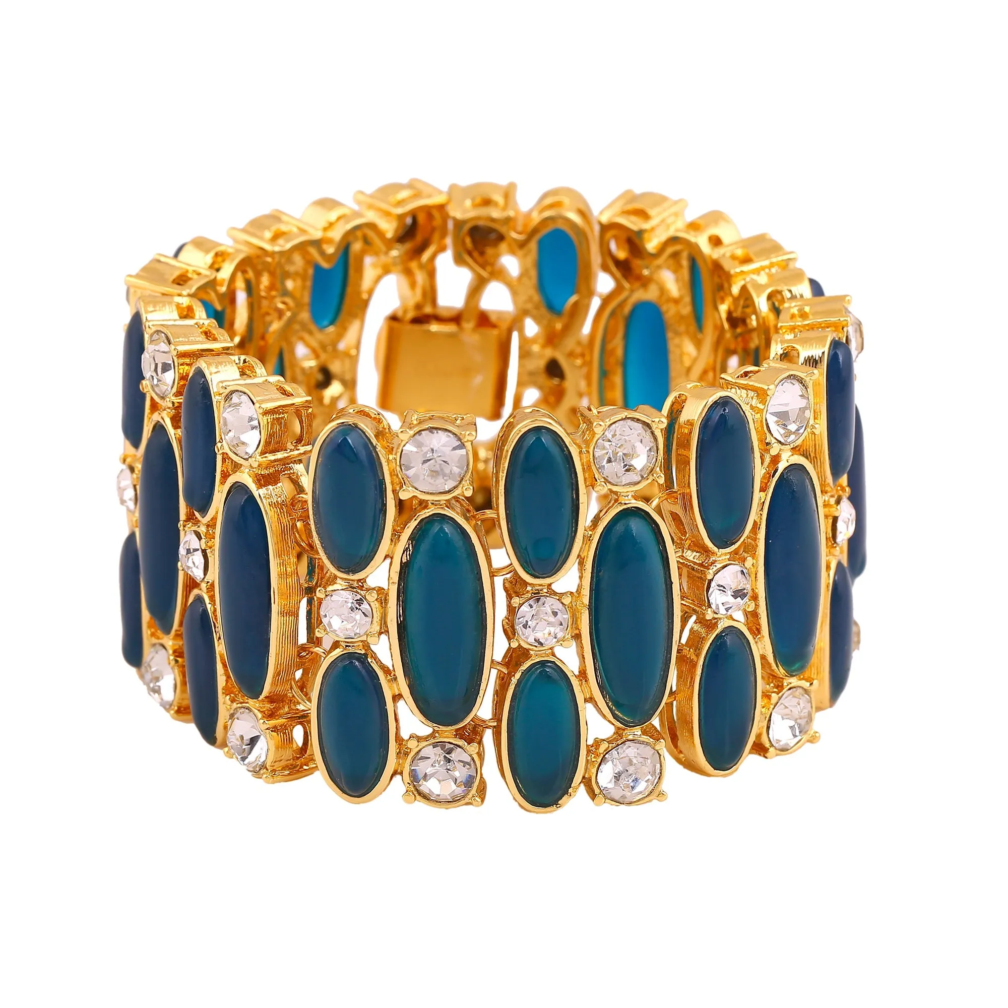 Estele Gold Plated Contemporary Statement Bracelet with Blue & White Stones for Girls/Women