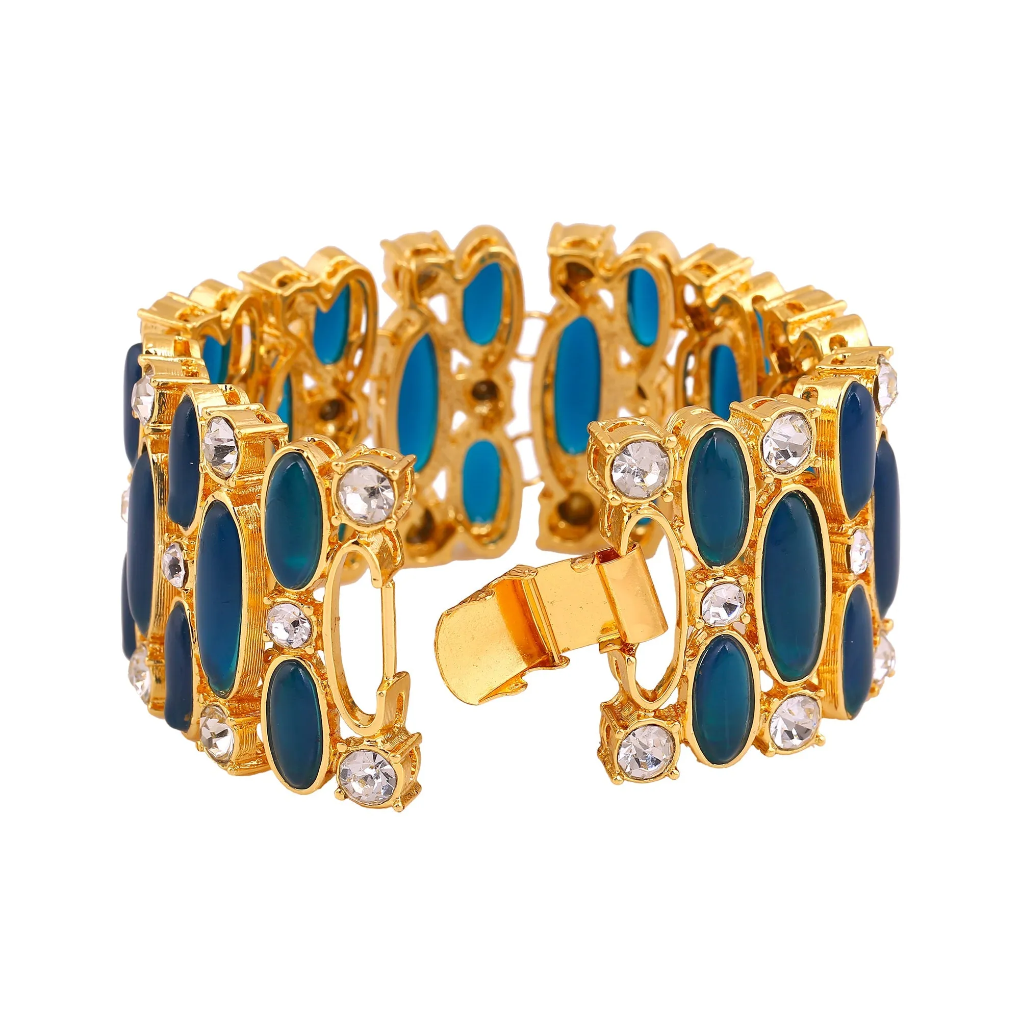 Estele Gold Plated Contemporary Statement Bracelet with Blue & White Stones for Girls/Women