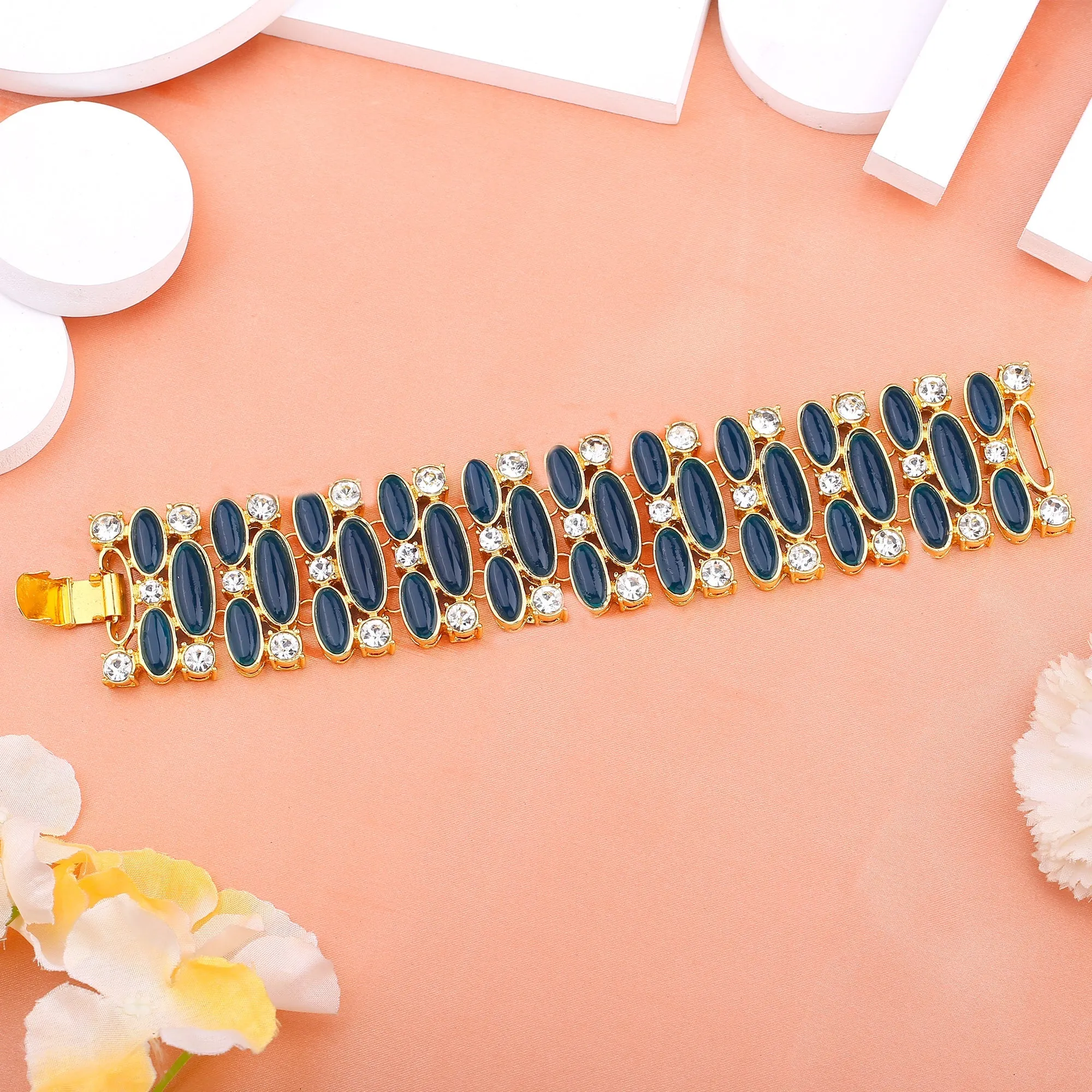 Estele Gold Plated Contemporary Statement Bracelet with Blue & White Stones for Girls/Women