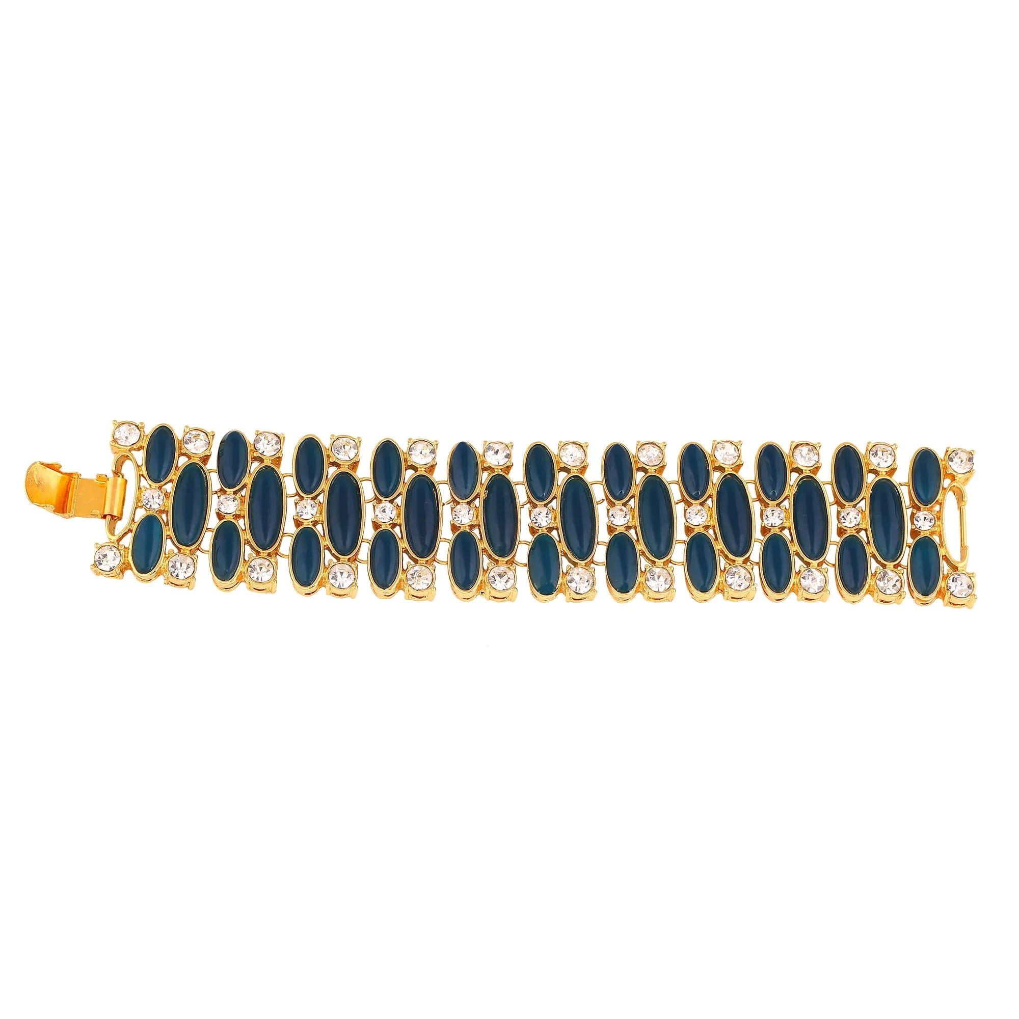 Estele Gold Plated Contemporary Statement Bracelet with Blue & White Stones for Girls/Women