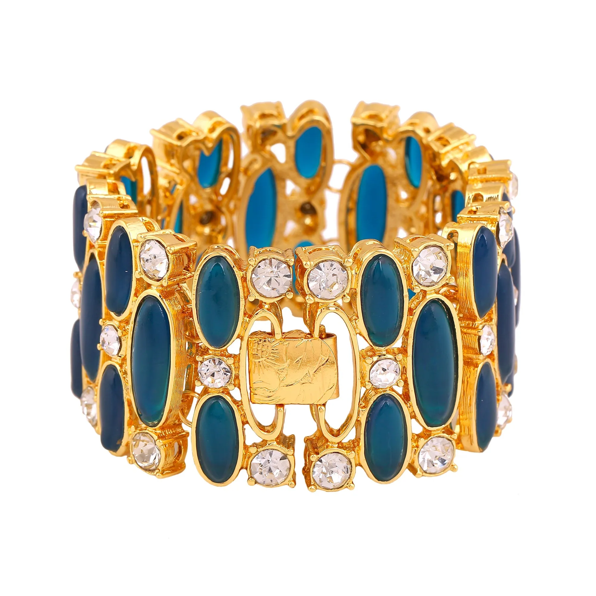 Estele Gold Plated Contemporary Statement Bracelet with Blue & White Stones for Girls/Women