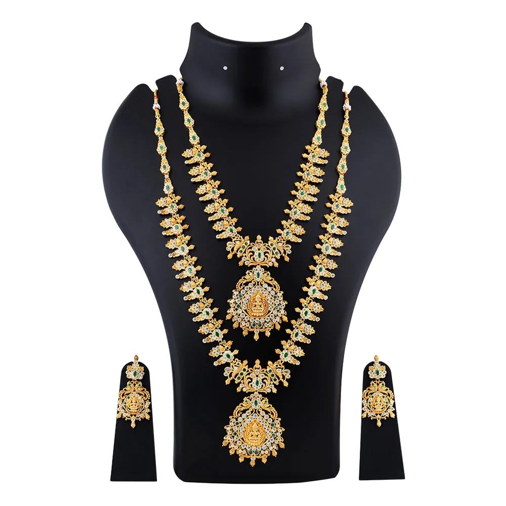 Estele Gold Plated CZ Divinity Laxmi Ji Designer Bridal Short & Long Necklace set with Green Stones for Women