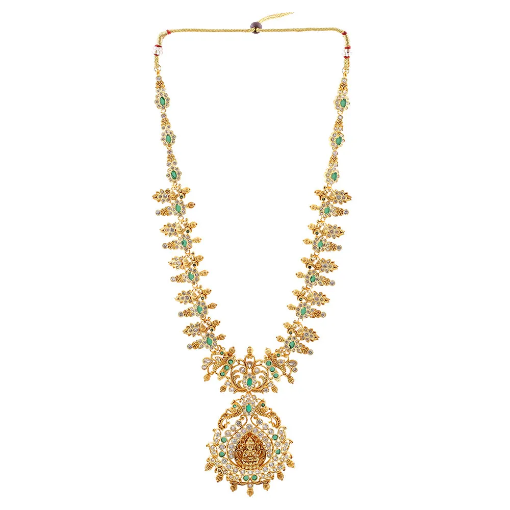 Estele Gold Plated CZ Divinity Laxmi Ji Designer Bridal Short & Long Necklace set with Green Stones for Women