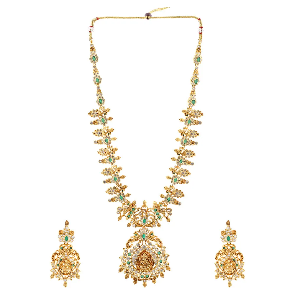 Estele Gold Plated CZ Divinity Laxmi Ji Designer Bridal Short & Long Necklace set with Green Stones for Women