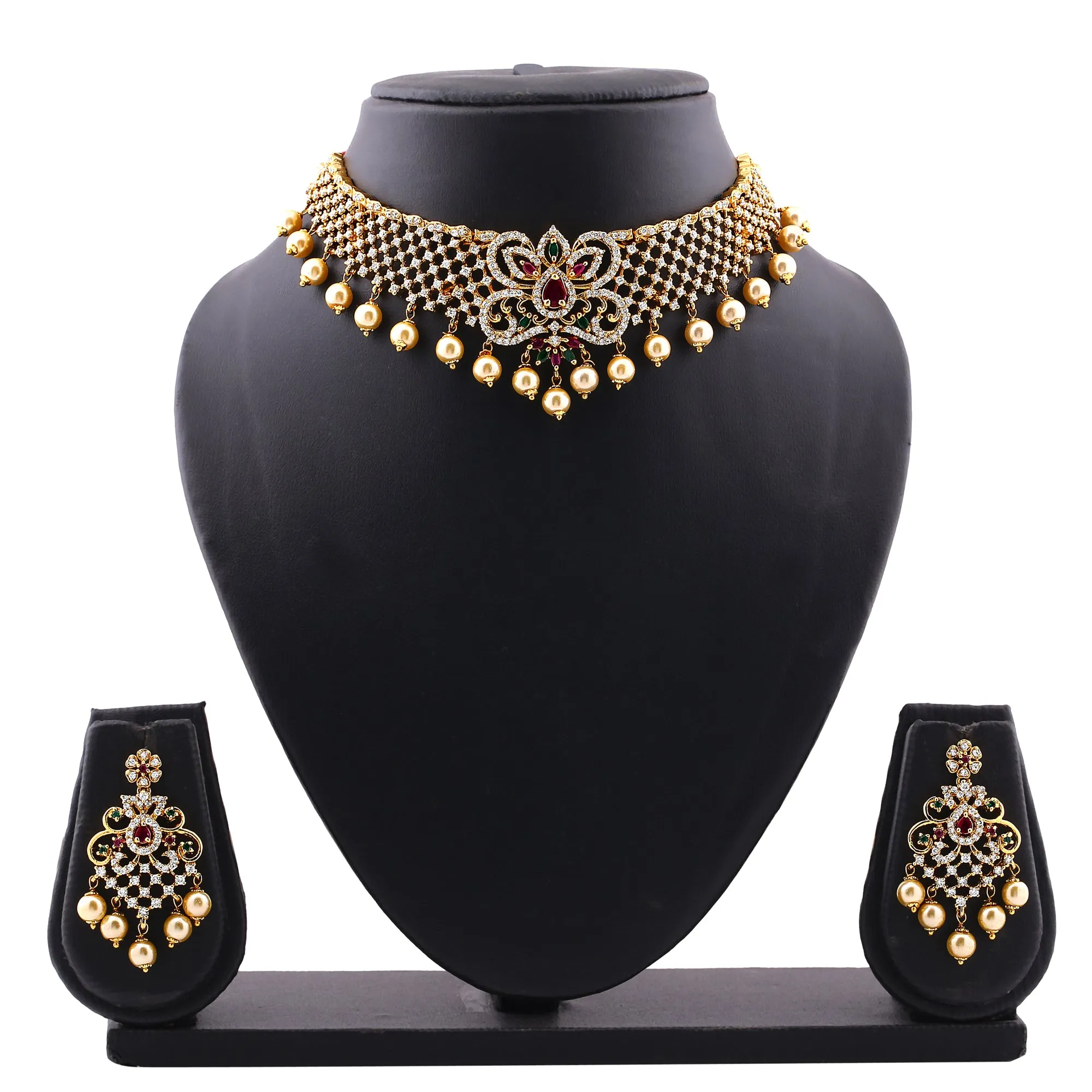 Estele Gold Plated CZ Elegant Bridal Choker Necklace Set with Colored Stones & Pearls