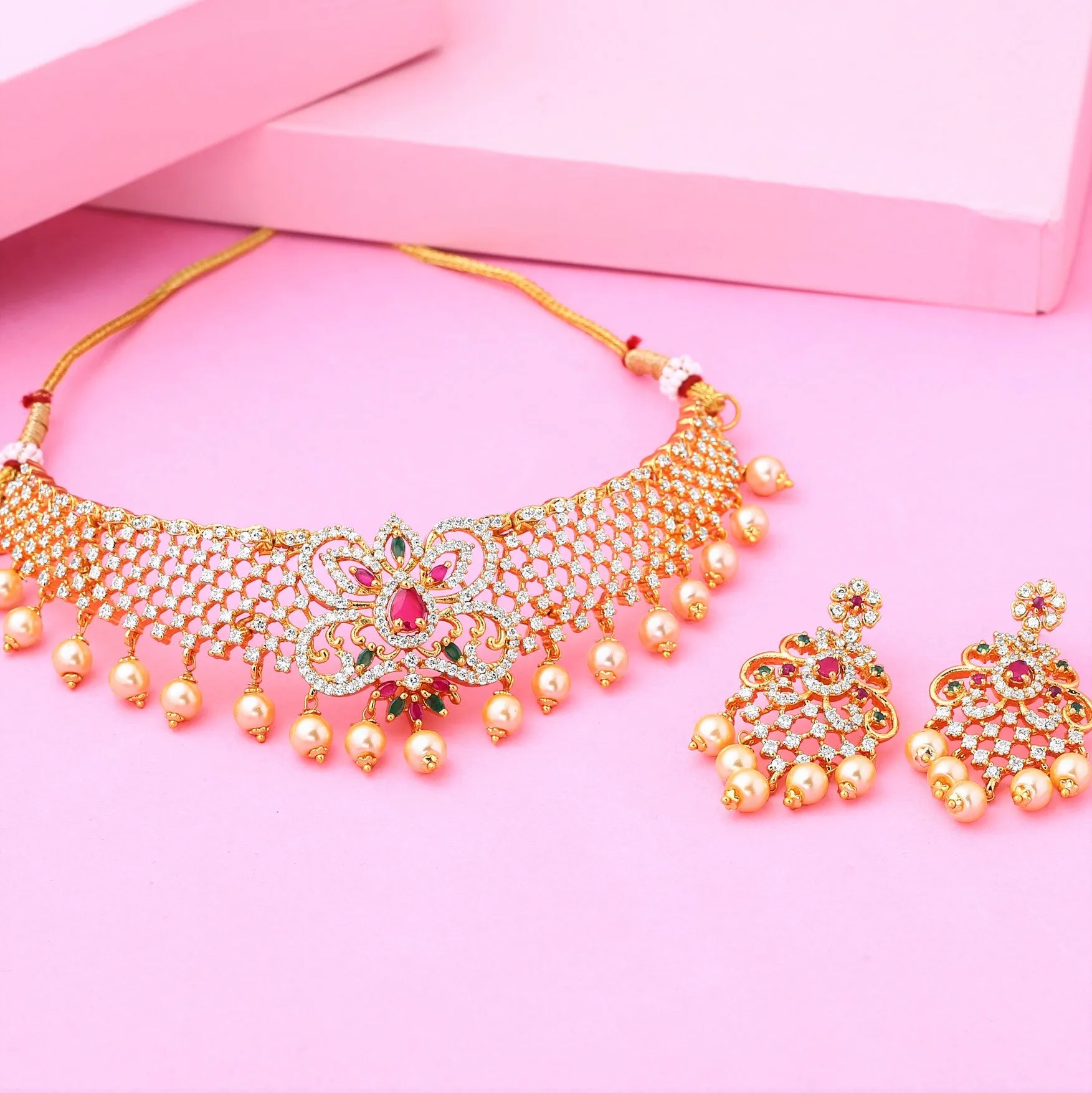 Estele Gold Plated CZ Elegant Bridal Choker Necklace Set with Colored Stones & Pearls