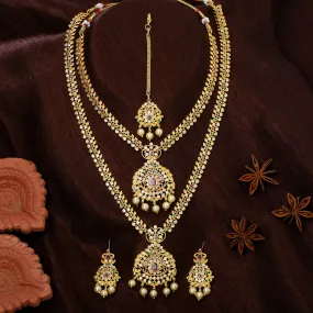 Estele Gold Plated CZ Enchanting Bridal Necklace Set with Pearl & Multi Color Stones for Women