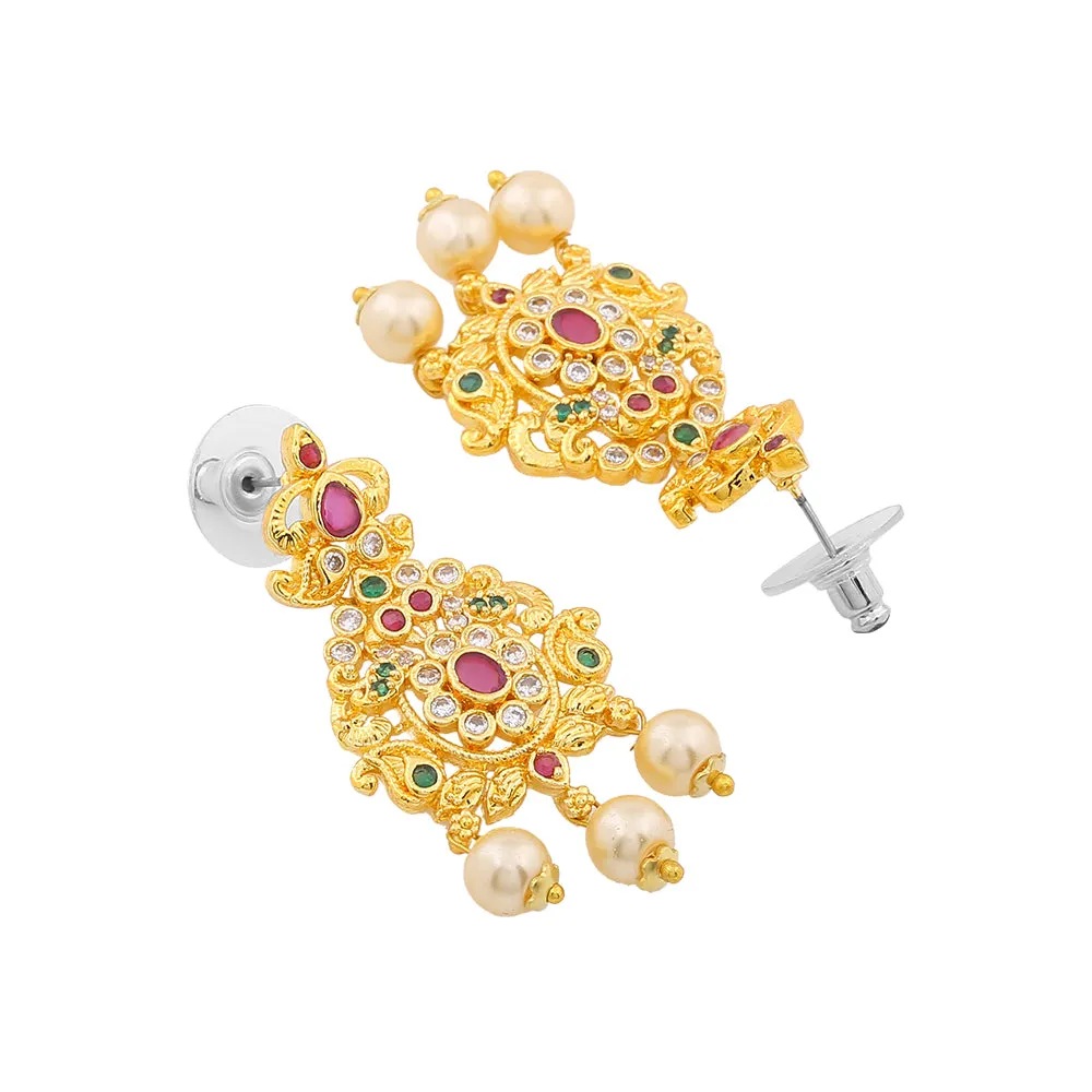 Estele Gold Plated CZ Enchanting Bridal Necklace Set with Pearl & Multi Color Stones for Women